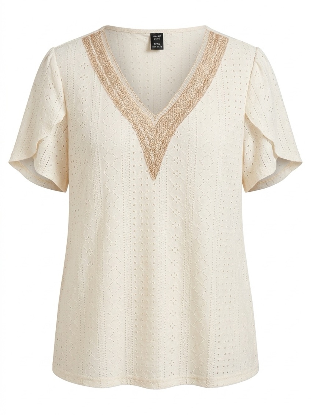 SHEIN Cream Eyelet V-Neck Blouse with Gold Trim